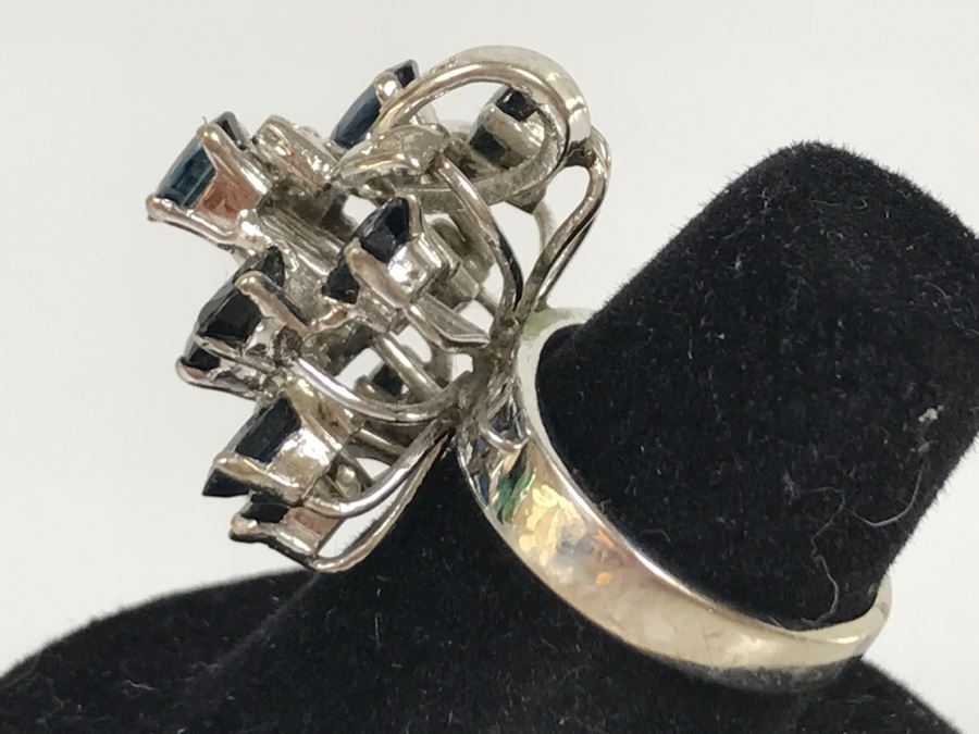 Vintage 14K White Gold Sapphire And Diamond Cocktail Cluster Ring Apx 12.0 Carats Total Of Sapphires And Apx .10CTTW Diamonds 10g FMV $1,000 [Photo 31]