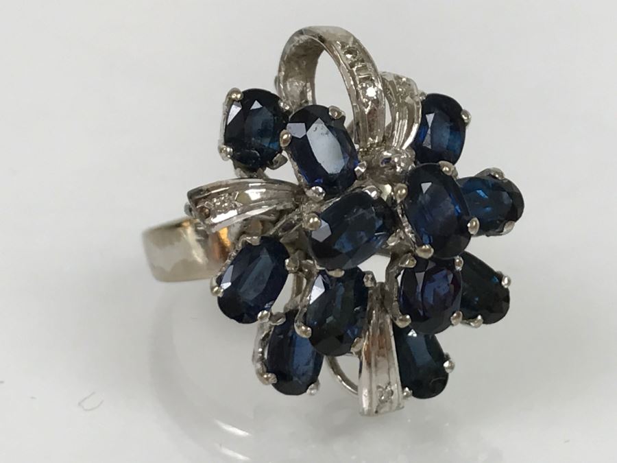 Vintage 14K White Gold Sapphire And Diamond Cocktail Cluster Ring Apx 12.0 Carats Total Of Sapphires And Apx .10CTTW Diamonds 10g FMV $1,000 [Photo 41]