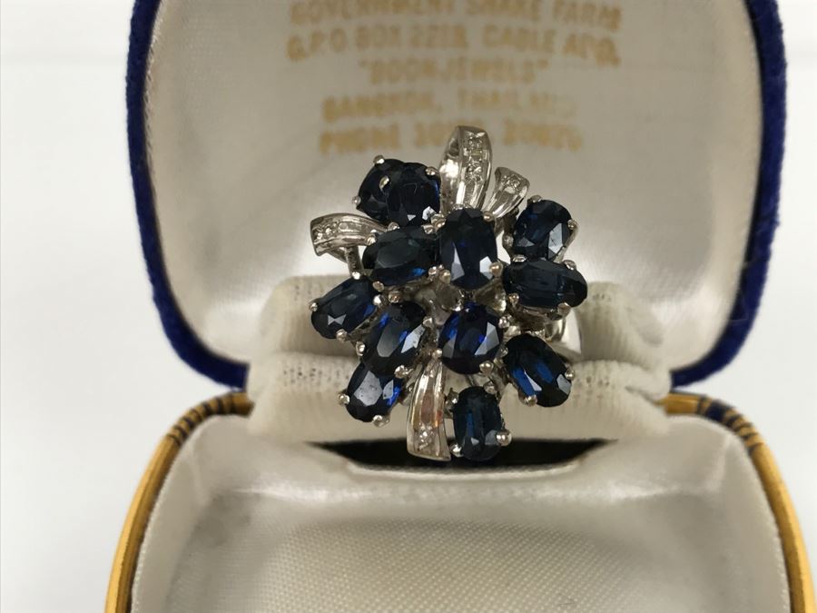 Vintage 14K White Gold Sapphire And Diamond Cocktail Cluster Ring Apx 12.0 Carats Total Of Sapphires And Apx .10CTTW Diamonds 10g FMV $1,000 [Photo 4]