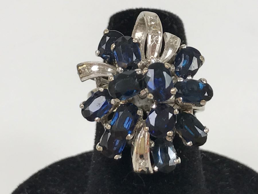Vintage 14K White Gold Sapphire And Diamond Cocktail Cluster Ring Apx 12.0 Carats Total Of Sapphires And Apx .10CTTW Diamonds 10g FMV $1,000 [Photo 23]