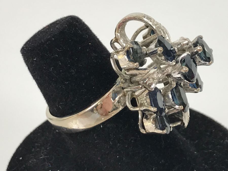 Vintage 14K White Gold Sapphire And Diamond Cocktail Cluster Ring Apx 12.0 Carats Total Of Sapphires And Apx .10CTTW Diamonds 10g FMV $1,000 [Photo 28]
