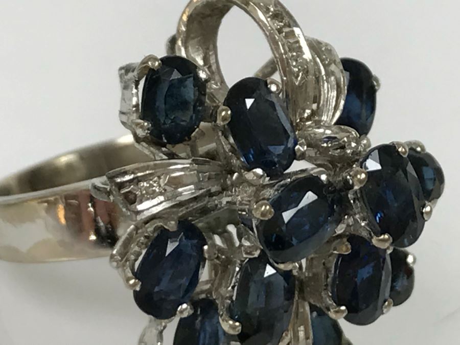 Vintage 14K White Gold Sapphire And Diamond Cocktail Cluster Ring Apx 12.0 Carats Total Of Sapphires And Apx .10CTTW Diamonds 10g FMV $1,000 [Photo 19]