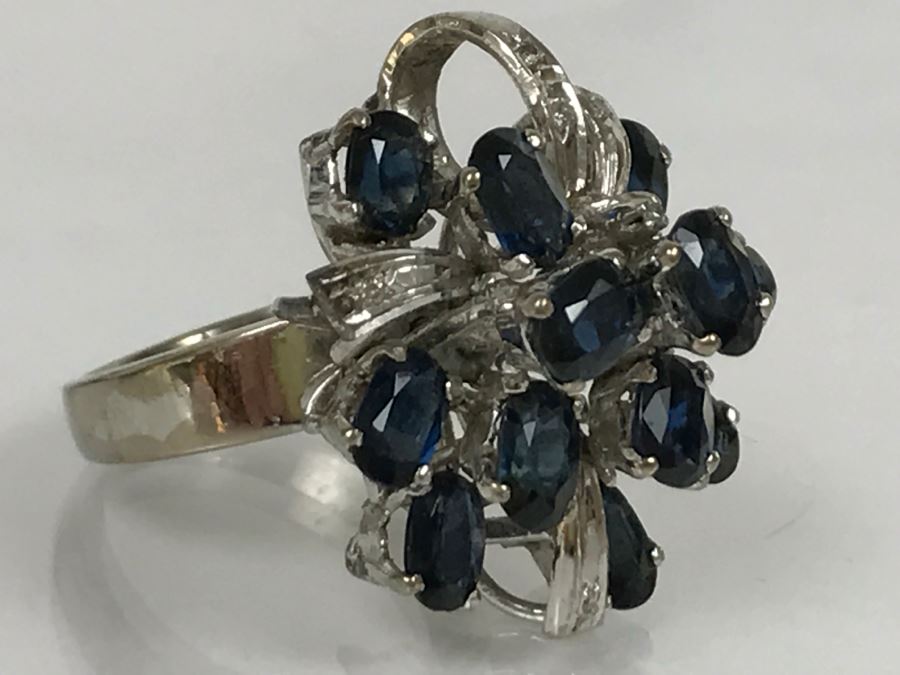 Vintage 14K White Gold Sapphire And Diamond Cocktail Cluster Ring Apx 12.0 Carats Total Of Sapphires And Apx .10CTTW Diamonds 10g FMV $1,000 [Photo 22]