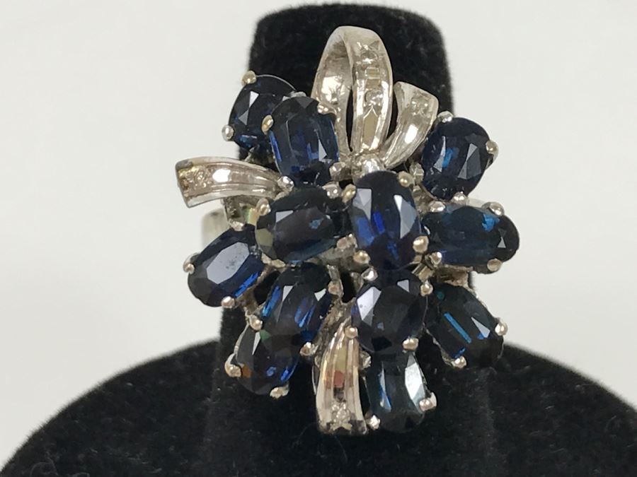 Vintage 14K White Gold Sapphire And Diamond Cocktail Cluster Ring Apx 12.0 Carats Total Of Sapphires And Apx .10CTTW Diamonds 10g FMV $1,000 [Photo 2]