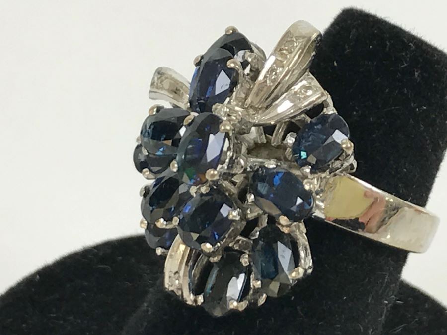 Vintage 14K White Gold Sapphire And Diamond Cocktail Cluster Ring Apx 12.0 Carats Total Of Sapphires And Apx .10CTTW Diamonds 10g FMV $1,000 [Photo 36]