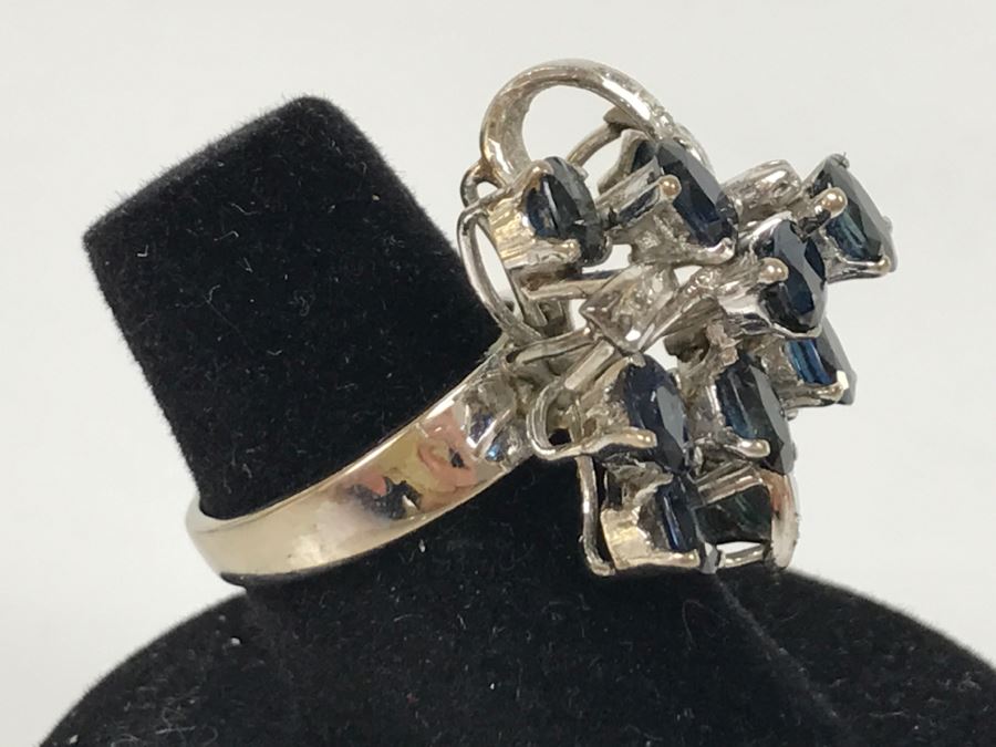 Vintage 14K White Gold Sapphire And Diamond Cocktail Cluster Ring Apx 12.0 Carats Total Of Sapphires And Apx .10CTTW Diamonds 10g FMV $1,000 [Photo 27]