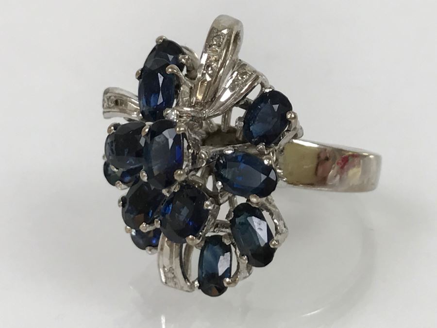 Vintage 14K White Gold Sapphire And Diamond Cocktail Cluster Ring Apx 12.0 Carats Total Of Sapphires And Apx .10CTTW Diamonds 10g FMV $1,000 [Photo 44]