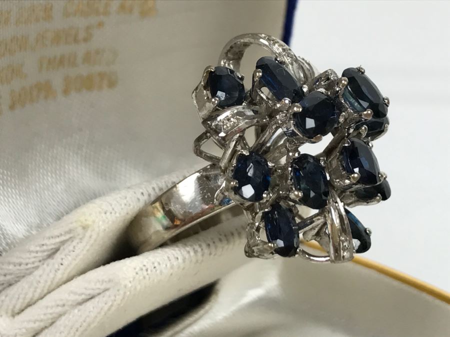 Vintage 14K White Gold Sapphire And Diamond Cocktail Cluster Ring Apx 12.0 Carats Total Of Sapphires And Apx .10CTTW Diamonds 10g FMV $1,000 [Photo 12]