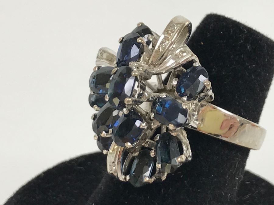 Vintage 14K White Gold Sapphire And Diamond Cocktail Cluster Ring Apx 12.0 Carats Total Of Sapphires And Apx .10CTTW Diamonds 10g FMV $1,000 [Photo 34]