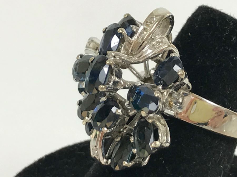 Vintage 14K White Gold Sapphire And Diamond Cocktail Cluster Ring Apx 12.0 Carats Total Of Sapphires And Apx .10CTTW Diamonds 10g FMV $1,000 [Photo 35]