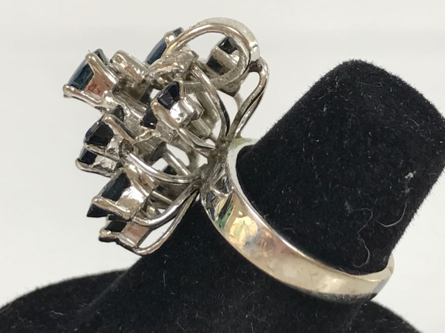 Vintage 14K White Gold Sapphire And Diamond Cocktail Cluster Ring Apx 12.0 Carats Total Of Sapphires And Apx .10CTTW Diamonds 10g FMV $1,000 [Photo 32]