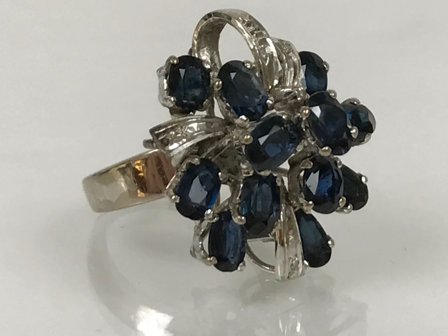 Vintage 14K White Gold Sapphire And Diamond Cocktail Cluster Ring Apx 12.0 Carats Total Of Sapphires And Apx .10CTTW Diamonds 10g FMV $1,000 [Photo 39]