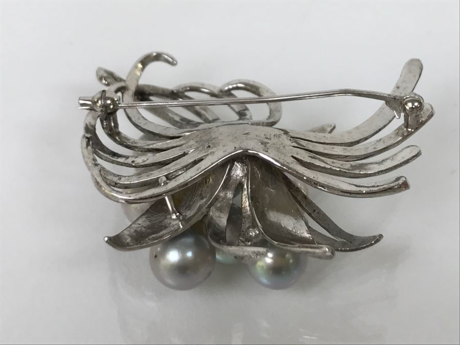 Vintage Sterling Silver Gray Cultured Pearl Floral Brooch Pin 18.6g FMV $200-$250 [Photo 10]