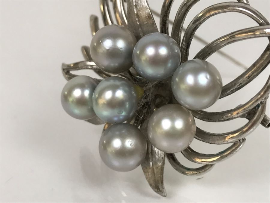 Vintage Sterling Silver Gray Cultured Pearl Floral Brooch Pin 18.6g FMV $200-$250 [Photo 8]