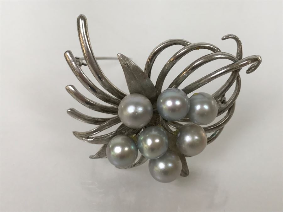 Vintage Sterling Silver Gray Cultured Pearl Floral Brooch Pin 18.6g FMV $200-$250 [Photo 5]
