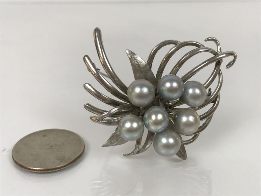 Vintage Sterling Silver Gray Cultured Pearl Floral Brooch Pin 18.6g FMV $200-$250 [Photo 1]