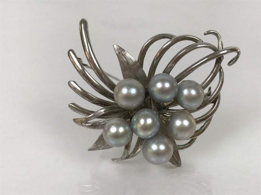 Vintage Sterling Silver Gray Cultured Pearl Floral Brooch Pin 18.6g FMV $200-$250 [Photo 6]