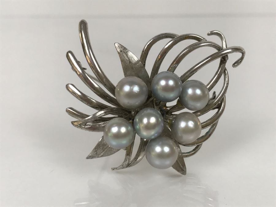 Vintage Sterling Silver Gray Cultured Pearl Floral Brooch Pin 18.6g FMV $200-$250 [Photo 4]