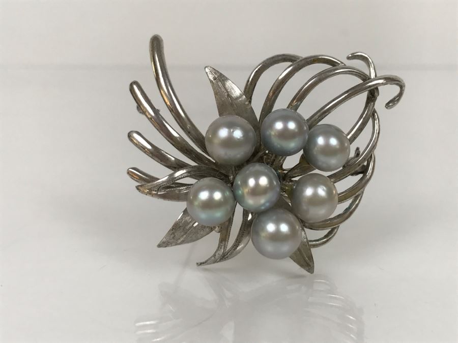 Vintage Sterling Silver Gray Cultured Pearl Floral Brooch Pin 18.6g FMV $200-$250 [Photo 3]