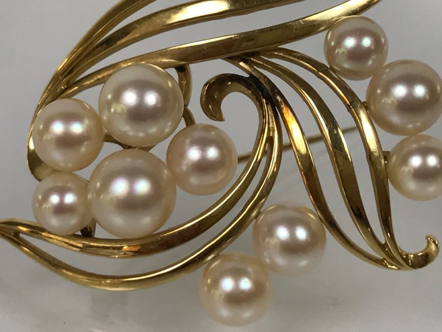 14K Yellow Gold Cultured Pearl Vintage Brooch Pin 10.3g FMV $375-$450 [Photo 7]