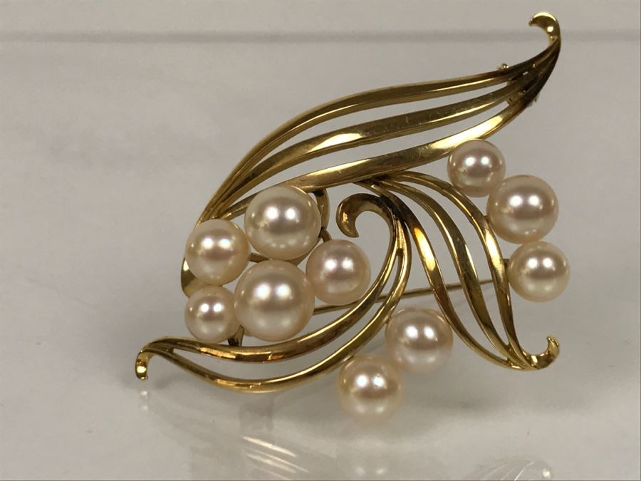 14K Yellow Gold Cultured Pearl Vintage Brooch Pin 10.3g FMV $375-$450 [Photo 3]