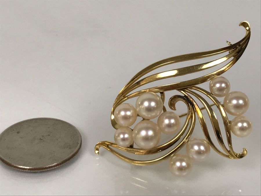 14K Yellow Gold Cultured Pearl Vintage Brooch Pin 10.3g FMV $375-$450 [Photo 4]