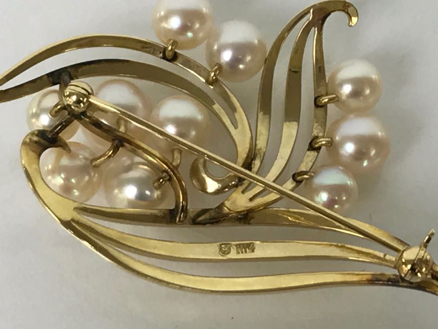 14K Yellow Gold Cultured Pearl Vintage Brooch Pin 10.3g FMV $375-$450 [Photo 13]
