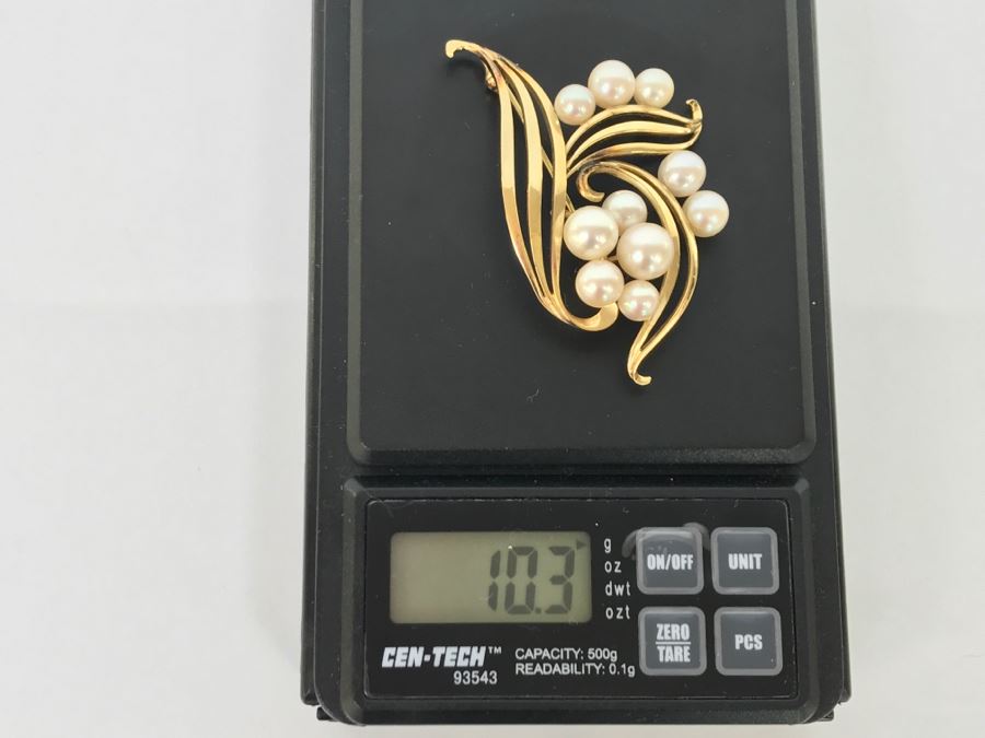 14K Yellow Gold Cultured Pearl Vintage Brooch Pin 10.3g FMV $375-$450 [Photo 14]