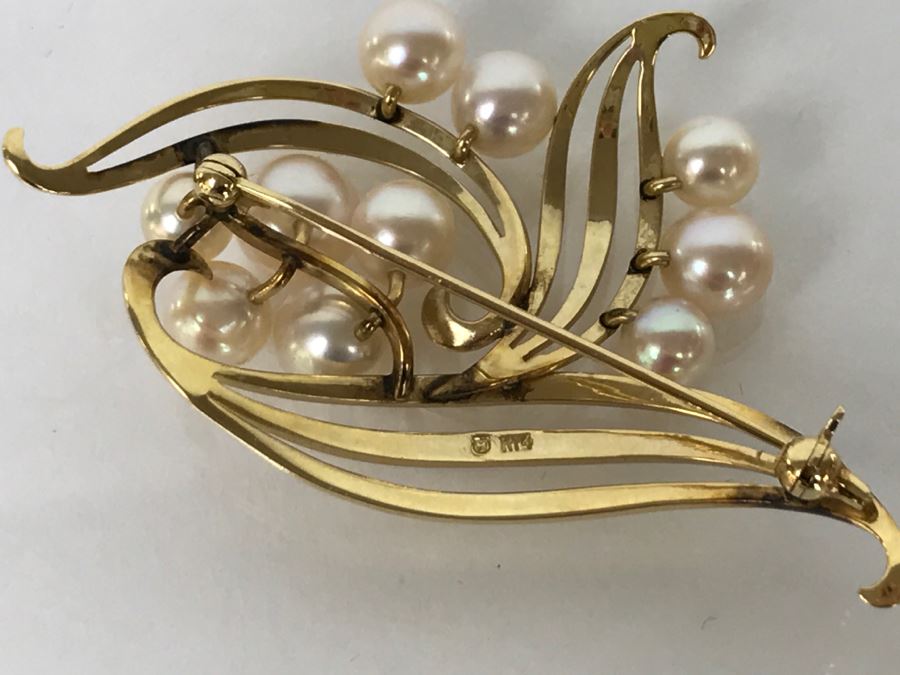 14K Yellow Gold Cultured Pearl Vintage Brooch Pin 10.3g FMV $375-$450 [Photo 9]
