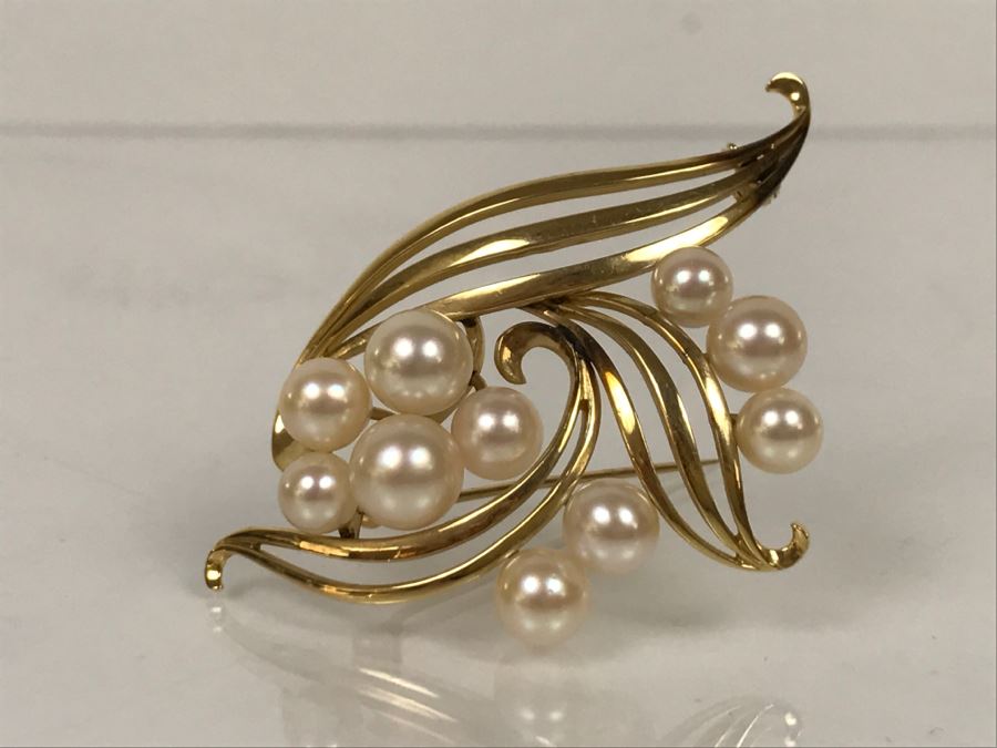 14K Yellow Gold Cultured Pearl Vintage Brooch Pin 10.3g FMV $375-$450 [Photo 2]