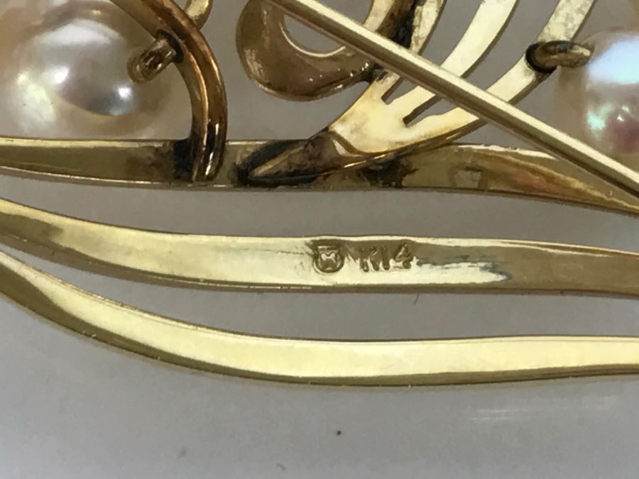 14K Yellow Gold Cultured Pearl Vintage Brooch Pin 10.3g FMV $375-$450 [Photo 10]
