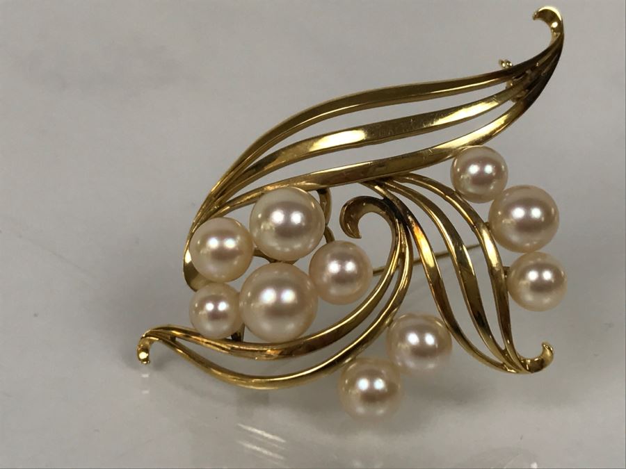 14K Yellow Gold Cultured Pearl Vintage Brooch Pin 10.3g FMV $375-$450 [Photo 6]