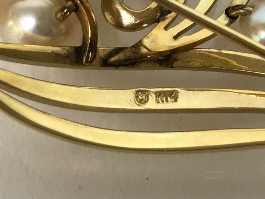 14K Yellow Gold Cultured Pearl Vintage Brooch Pin 10.3g FMV $375-$450 [Photo 12]