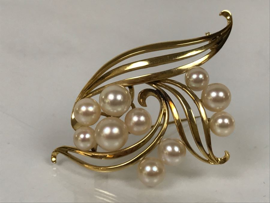 14K Yellow Gold Cultured Pearl Vintage Brooch Pin 10.3g FMV $375-$450 [Photo 1]