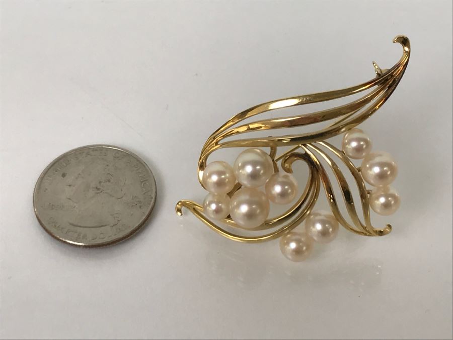 14K Yellow Gold Cultured Pearl Vintage Brooch Pin 10.3g FMV $375-$450 [Photo 5]