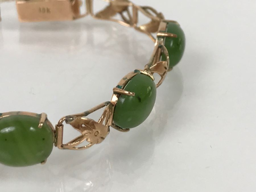 Vintage 14K Yellow Gold Spinache Green Jade Bracelet 8.4g FMV $350 [Photo 7]