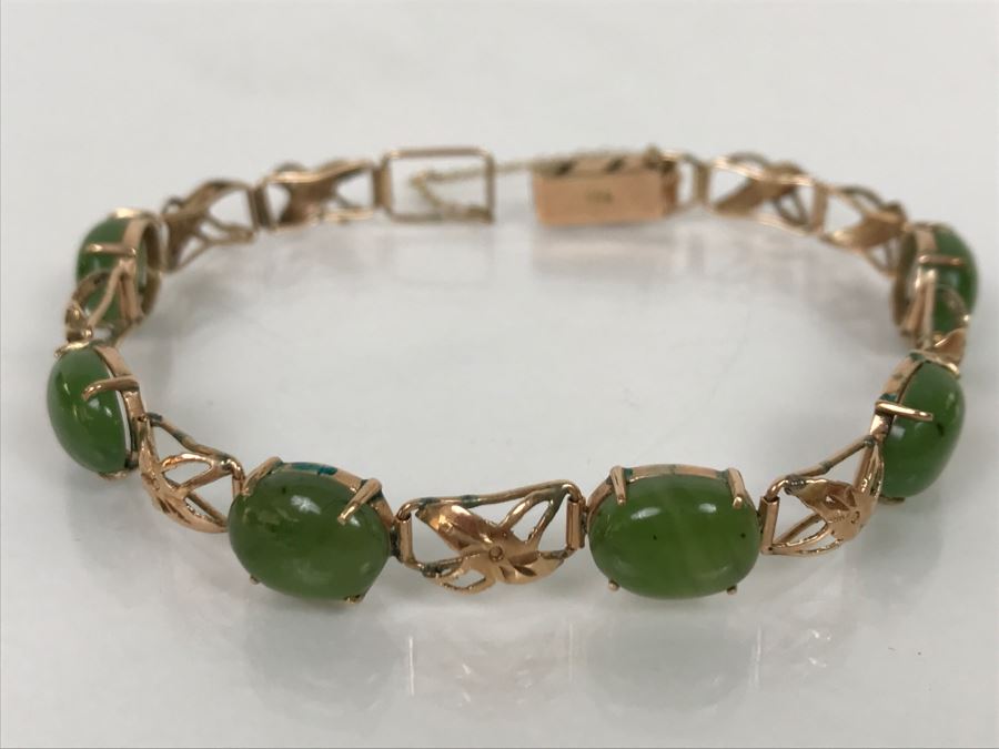 Vintage 14K Yellow Gold Spinache Green Jade Bracelet 8.4g FMV $350 [Photo 1]