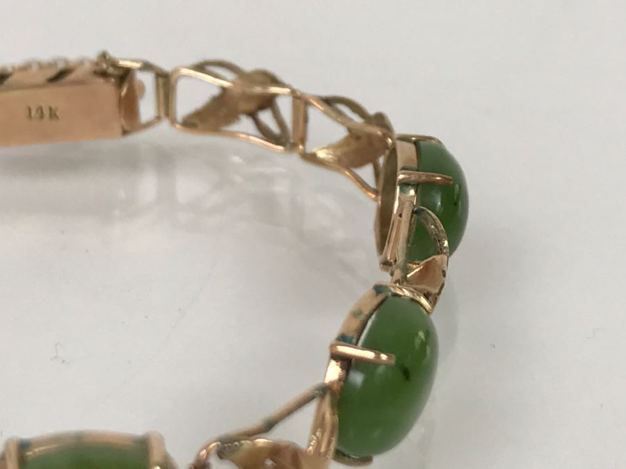Vintage 14K Yellow Gold Spinache Green Jade Bracelet 8.4g FMV $350 [Photo 12]