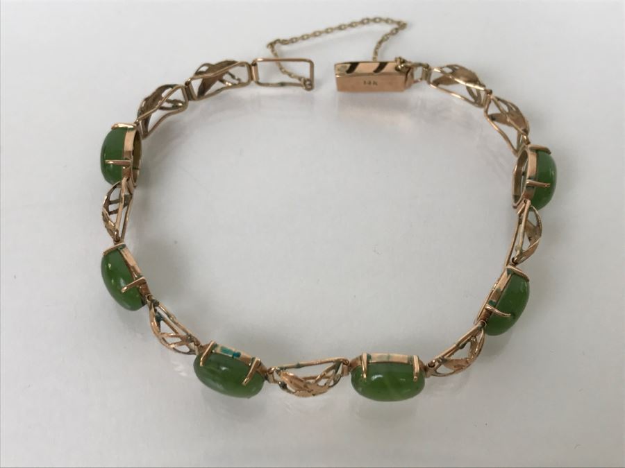 Vintage 14K Yellow Gold Spinache Green Jade Bracelet 8.4g FMV $350 [Photo 5]