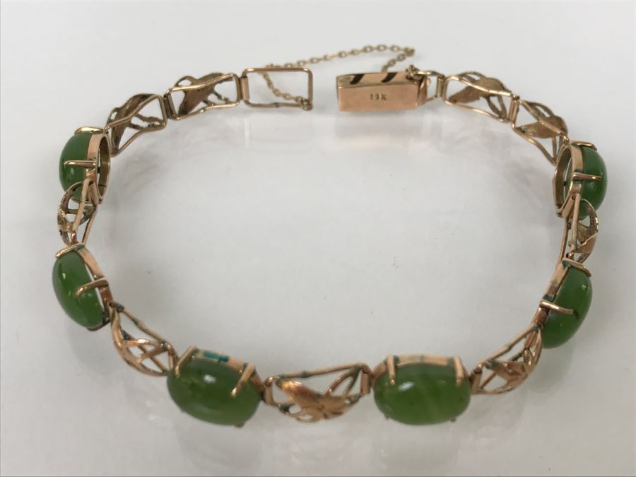 Vintage 14K Yellow Gold Spinache Green Jade Bracelet 8.4g FMV $350 [Photo 4]
