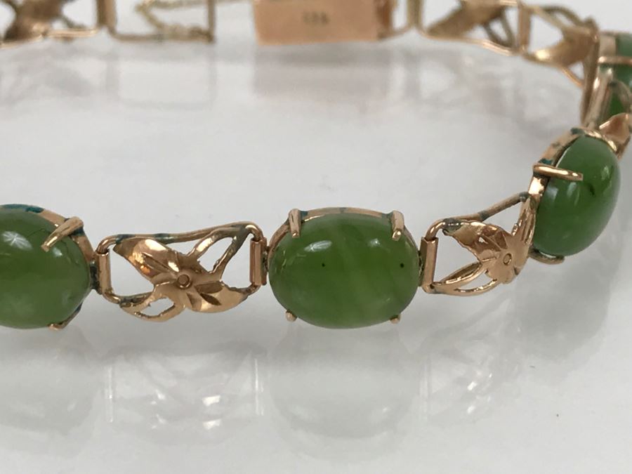 Vintage 14K Yellow Gold Spinache Green Jade Bracelet 8.4g FMV $350 [Photo 8]