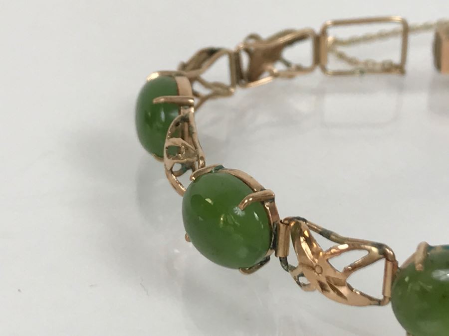 Vintage 14K Yellow Gold Spinache Green Jade Bracelet 8.4g FMV $350 [Photo 10]