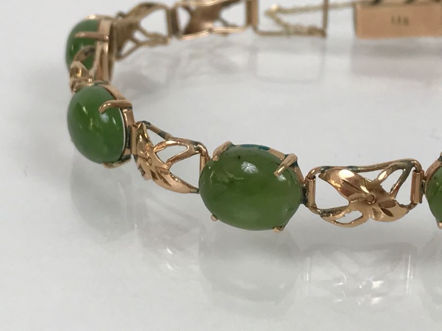 Vintage 14K Yellow Gold Spinache Green Jade Bracelet 8.4g FMV $350 [Photo 9]