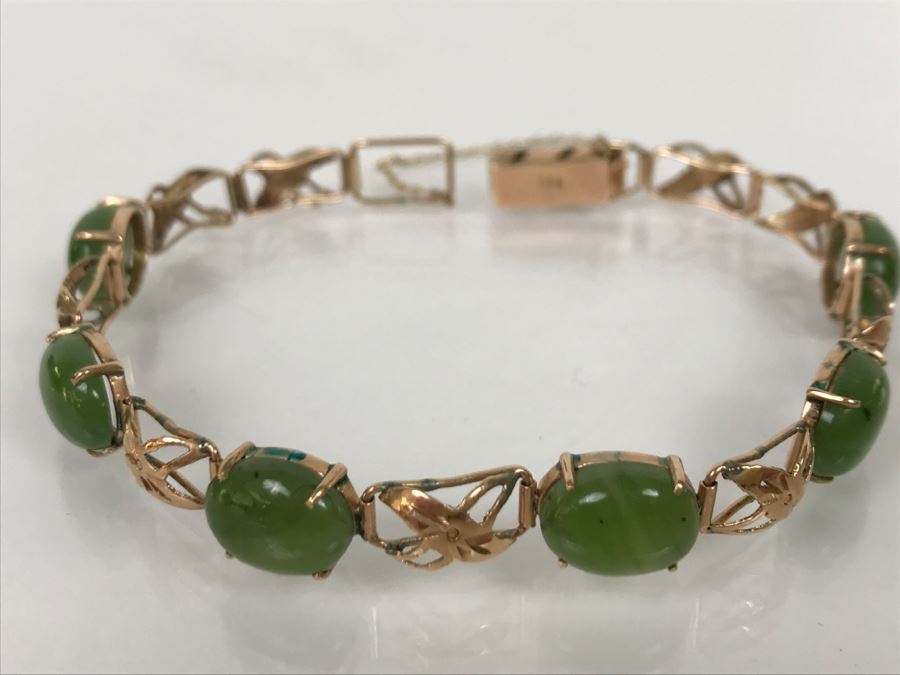 Vintage 14K Yellow Gold Spinache Green Jade Bracelet 8.4g FMV $350 [Photo 3]