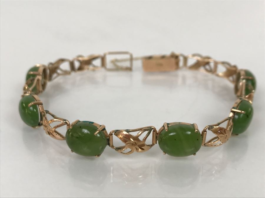 Vintage 14K Yellow Gold Spinache Green Jade Bracelet 8.4g FMV $350 [Photo 2]