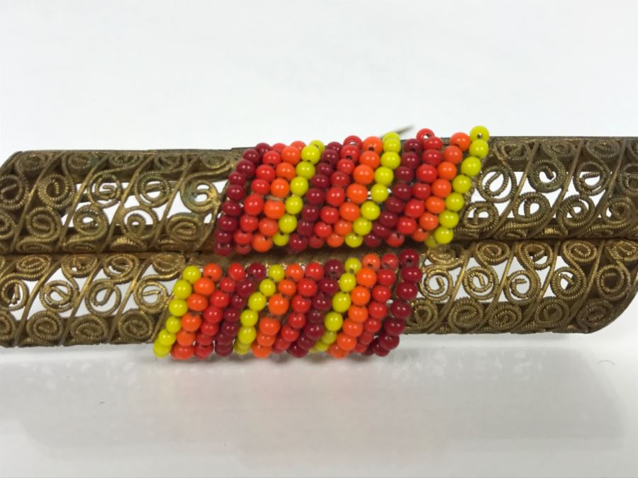 Vintage Signed Chinese Brass And Bead Brooch Pin [Photo 3]