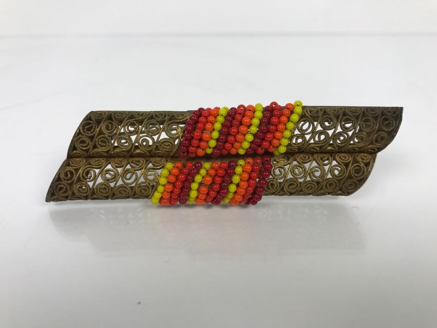 Vintage Signed Chinese Brass And Bead Brooch Pin [Photo 2]