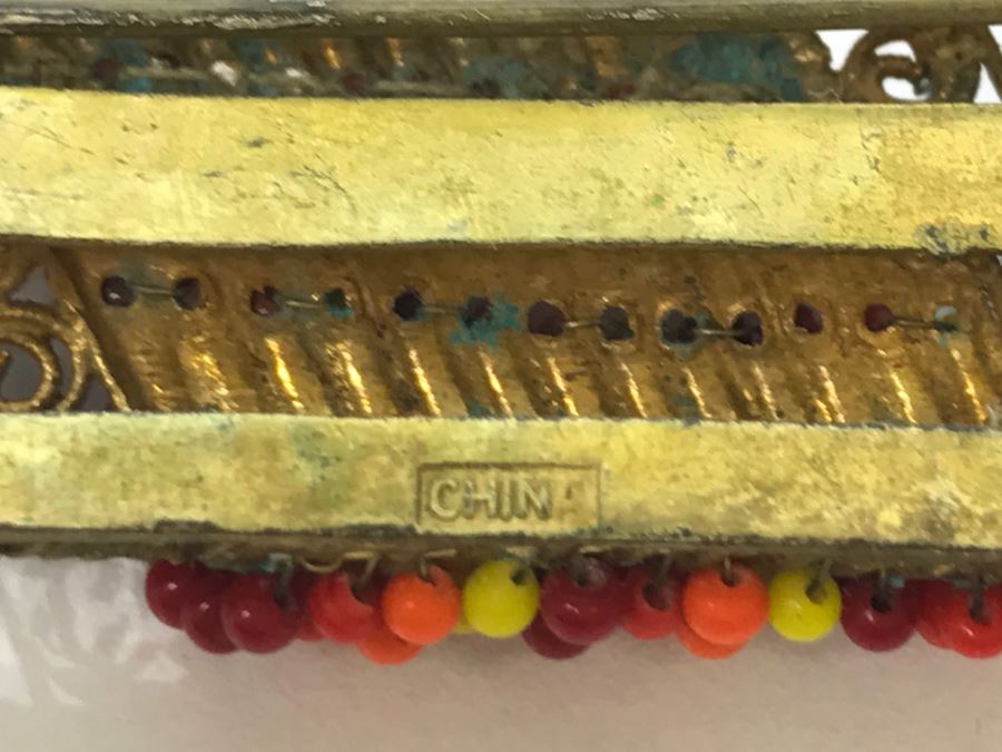 Vintage Signed Chinese Brass And Bead Brooch Pin [Photo 6]