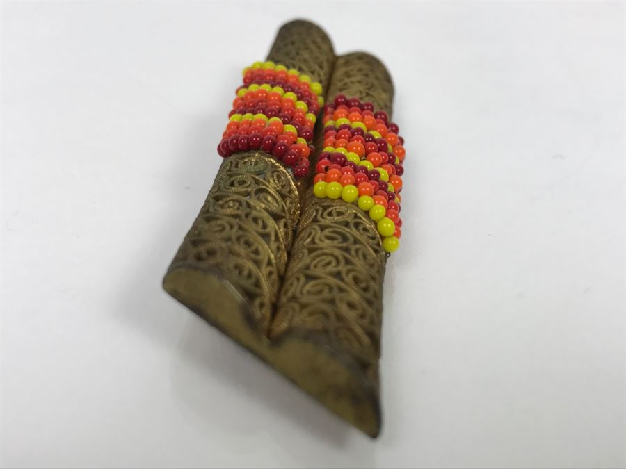 Vintage Signed Chinese Brass And Bead Brooch Pin [Photo 4]