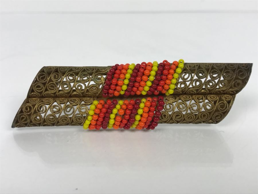 Vintage Signed Chinese Brass And Bead Brooch Pin [Photo 1]